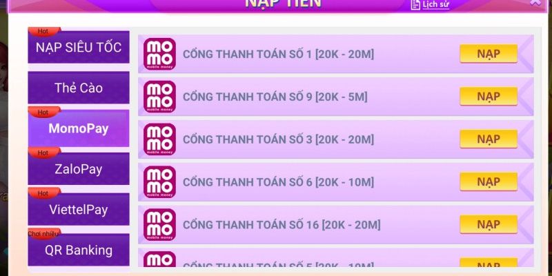 Nạp tiền qua ví điện tử tiện lợi